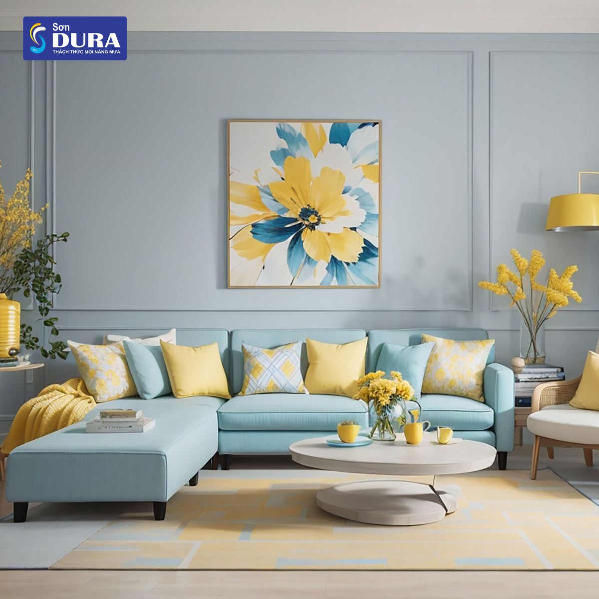 Không gian ấn tượng với màu xanh teal và cam đồng