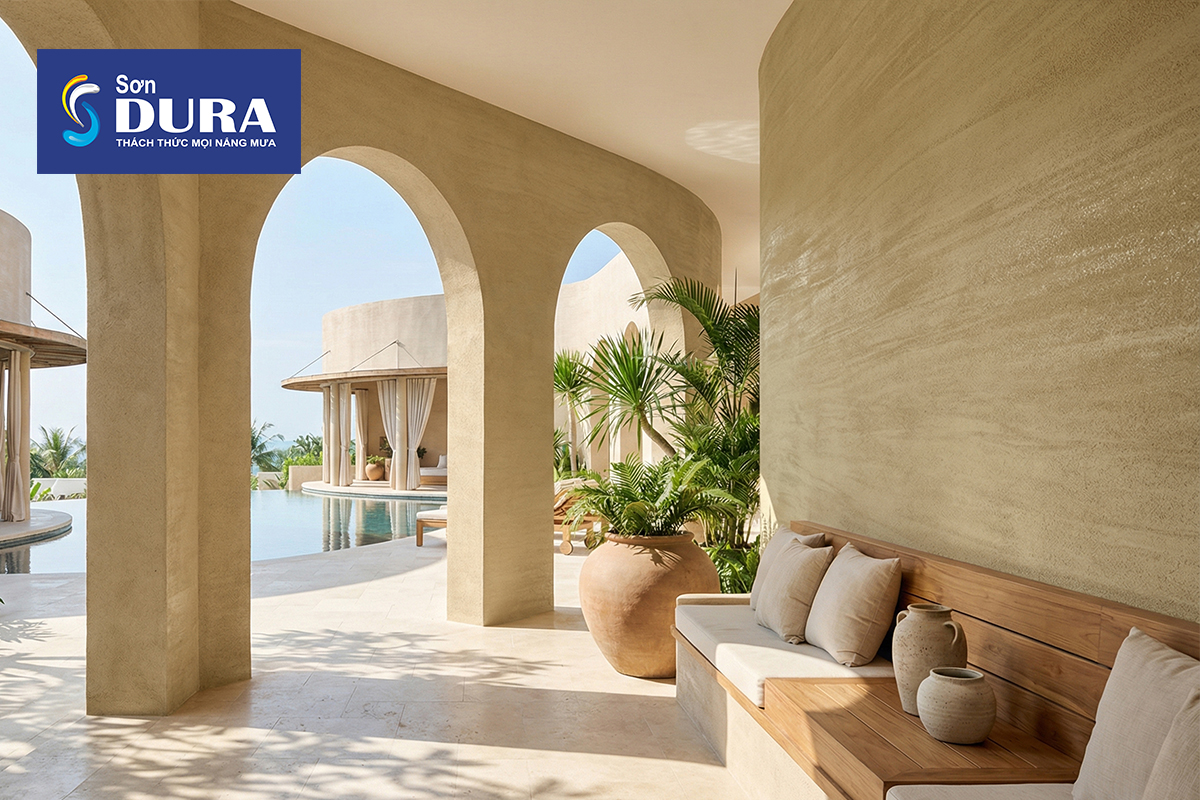 Màu sơn hiệu ứng đá Travertine màu vàng kem phù hợp với các thiết kế Wabi Sabi tinh tế