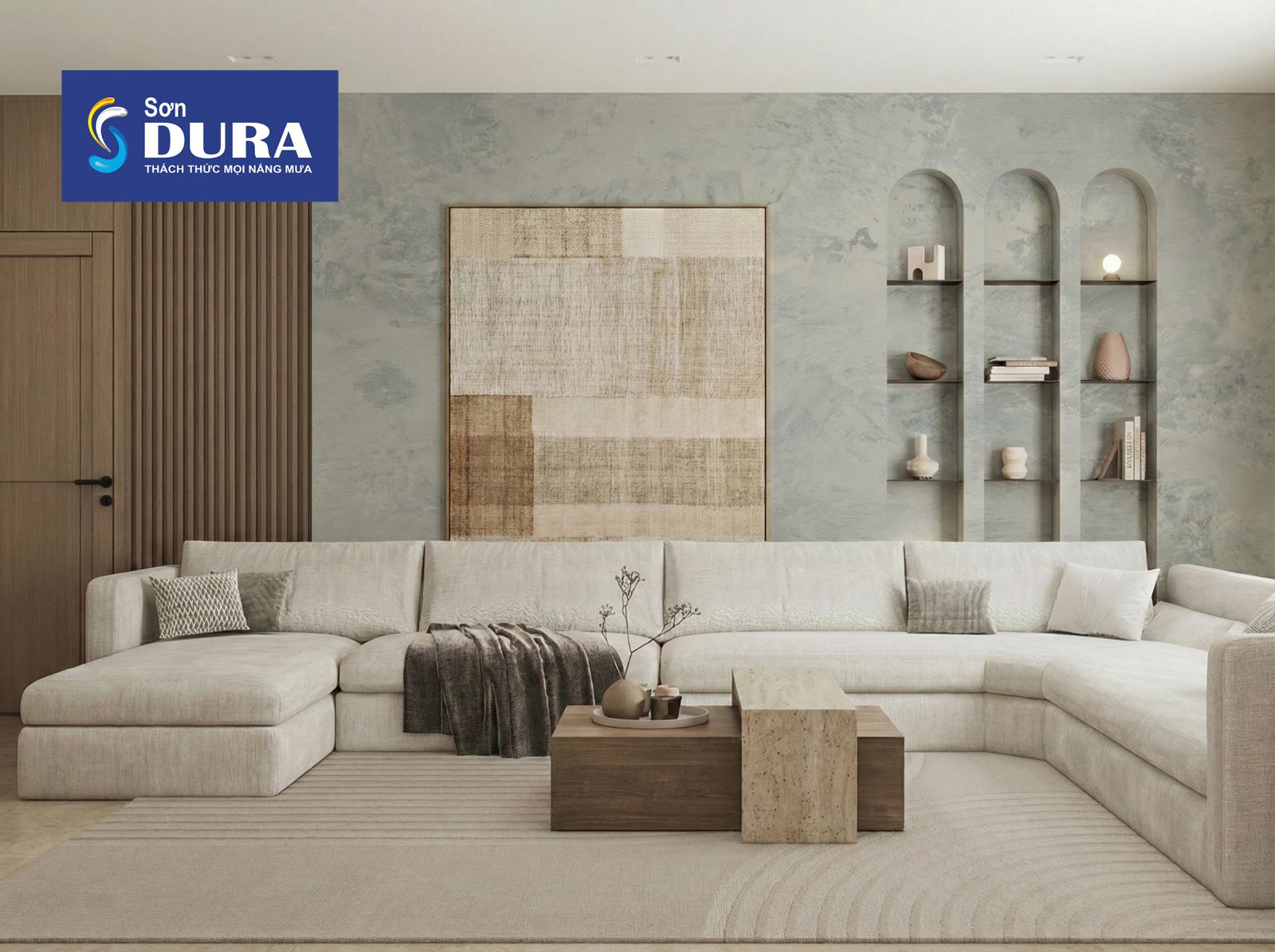 Sơn hiệu ứng bê tông màu be rất phù hợp với không gian mang phong cách wabisabi