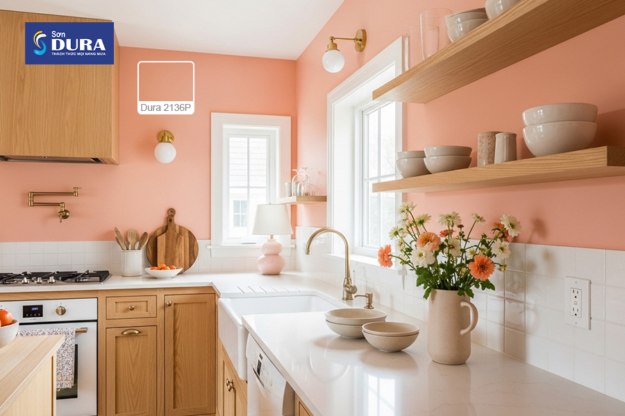 Màu sơn hồng cam pastel giúp không gian tươi sáng hơn
