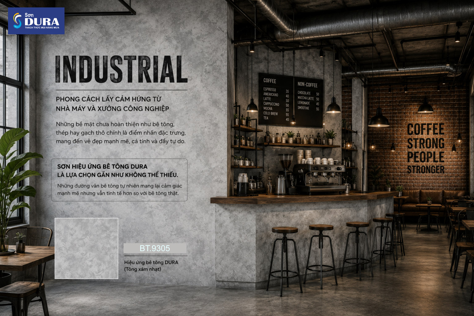 Quán cà phê theo phong cách Industrial thường sử dụng sơn hiệu ứng bê tông